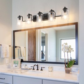 SOLFART 5 Lights Black Bathroom Light Fixtures Over Mirror Vanity Lights Scone Lighting Bathroom Lights for Mirror 41 Inch