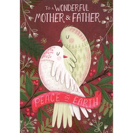 Designer Greetings Peace on Earth: Two Snuggling Birds on Branch Religious Christmas Card for Mother and Father
