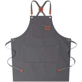 AFUN Chef Aprons for Women Men with Large Pockets, Cotton Canvas Cross Back Water Repellent Work Apron, Size M to XXL (Grey)