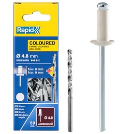 Rapid Blind Rivets Aluminium White Diameter 4.8 mm 6-9 mm Clamping Range Pack of 50 Rivets Set Including Drill for Blind Rivet Pliers
