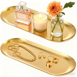 2PACK Gold Decorative Tray, Bathroom Vanity Tray for Dresser Counter, Stainless Steel Jewelry Dish Tray for Decor, Perfume Ring Key Candle Organizer Tray, Oval