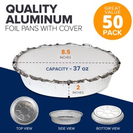 Fit Meal Prep 50 Pack 8” Round Aluminum Foil Pans with Lids, 8 inch Take Out Containers with Cardboard Covers for Freshness, Heavy Duty Disposable Baking Pie Pan for Cooking, Freezer & Oven Safe