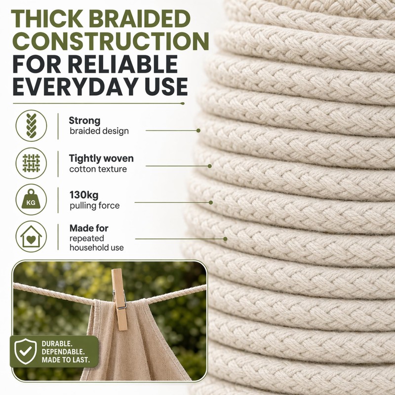 Natural Cotton Washing Line Rope 25m x 5.5mm, Braided Clothes