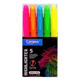 Campus Slanted Tip Highlighters - 5 Neon Colours - Water Based Highlighter (Pack of 5 Neon Colours)