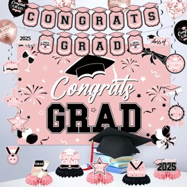 Graduation Party Decorations, Congrats Grad 2025 Graduation Decorations Include Banner Backdrop Hanging Swirls Latex Balloons Honeycomb Centerpieces Supplies for Graduation Party (Pink Black)