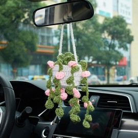 AuMoHall Crochet Potted Plants Car Rear View Mirror Hanging Ornament Handmade Knitted Basket Wall Hanging Pendant Cute Craft for Indoor Outdoor Home Decorations, Potted Pink Flower Plants