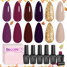 Beetles Gel Nail Polish Set – 6PCS Winter Burgundy Purple Glitter Nude Plum Gold Gel Nail Polish Kit Soak Off UV LED Terra Dusk Colors DIY Home Salon Christmas Gift for Women