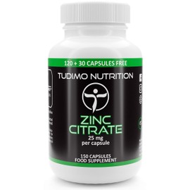 Zinc Citrate 25mg Capsules - 150 pcs (5 Month Supply) of Rapidly Disintegrating Capsules, Each with 25 mg of Premium Quality Zinc Powder
