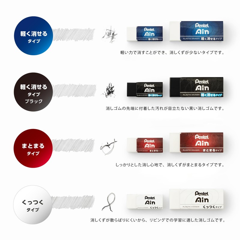 Pentel XZEAH065STAMZ Eraser, Pentel Ain Lightly Erasable, 5 Colors, 2