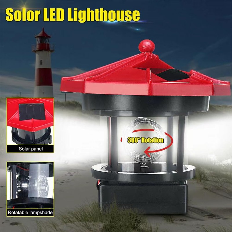 Red Solar Lighthouse, Rotating LED Lighthouse Decorative Light, Garden Waterproof
