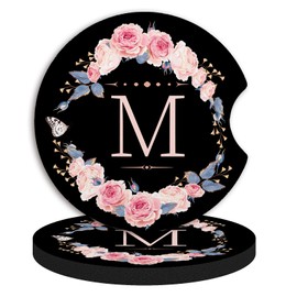 2pcs Letter M Car Coasters,Absorbent Universal neoprener Cup Holder Coasters with a Finger Notch,Car Accessories for Women&Man Interior，2.75"