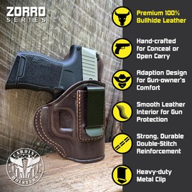 Cardini Leather USA - IWB Ultra Soft Leather Holster - Concealed Carry with Clip - for Springfield Hellcat and for Sig P365 - and for Other Like Sized Handguns (Chocolate, Right Hand)