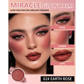 Miracle Glow Balm - Hydrating Tinted Cream Blush, Multi-Use Glow Face Balm Makeup for Cheek & Eye & Lip Tint, Creamy Lightweight Blendable Shimmer Blusher, Radiant Skin Finish, 02# Earth Rose