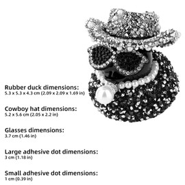 Fukaisu Diamond Rubber Duck, Funny Tiny Duck Mini Car Ornament with Small Glasses & Miniature Pearl Necklace & Hat Dashboard Decoration for Cool Office Car Accessory (Black)