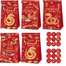 Acewen 12Pcs 2025 Chinese New Year Gift Bags with 18Pcs Seal Stickers Year of Snake Decorations Red Paper Party Treat Bags for Zodiac Souvenir Present Packaging Bags
