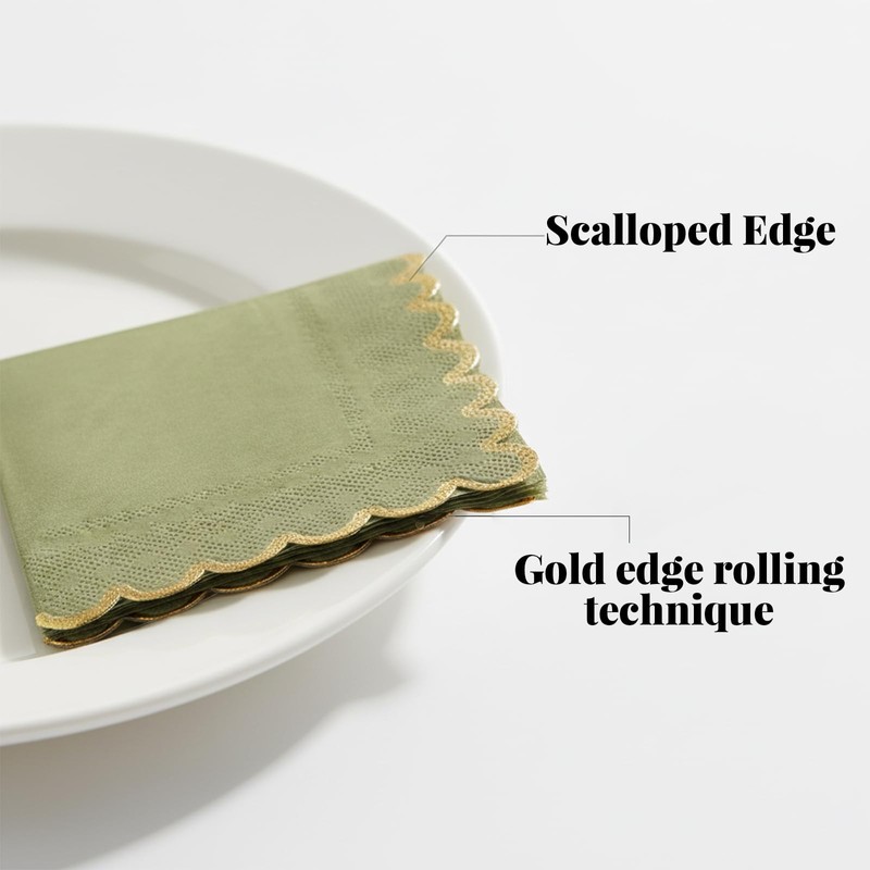 160-Pack Green Scalloped Cocktail Napkins with Gold Foil, 5 x