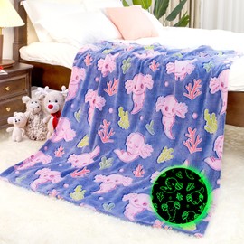 Axolotl Blanket Glow in The Dark Animal Throw Blanket Soft Cozy Salamander Fleece Bedding Blanket Axolotl Gifts Decor Stuff Toys for Kids Boys Girls
