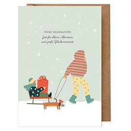 dabelino 1 x Christmas Card with Envelope for Children Boys on Sleigh with Dog/Dachshund (Christmas Card Single, Sustainable)