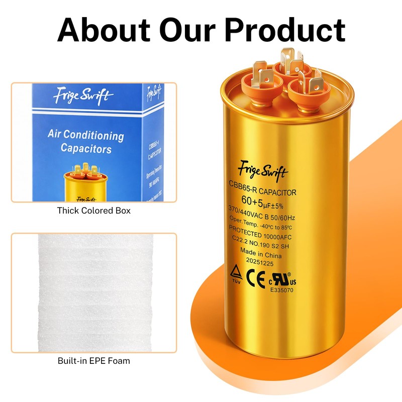 FrigeSwift 60+5 uF CBB65 Dual Run Capacitor 370/440VAC 2-Pack