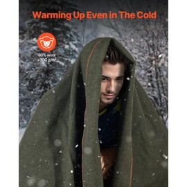 VEVOR Wool Camping Blanket, Large Warm Stadium Blanket, Flame Retardant, Great for Outdoors, Picnics, Hiking, Sports Events, Travel, Car & Bushcraft Survival Kits, 64" x 88", Army Green Wool Blankets