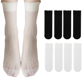 Aikeis 4 Pairs Women Transparent Ruffle Stockings Naked Stockings Summer Ultra Thin Cool Stockings Ladies Ruffle Polka Dot Socks (2 Black and 2 White), black/white