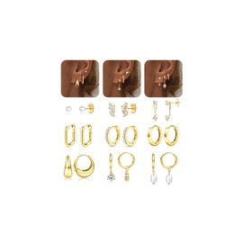 LOLIAS Small Gold Hoop Earring Stacks for Women - 14K Gold Plated Huggie Stud Hoop Earrings Hypoallergenic Stainless Steel Cartilage Earring Sets for Multiple Piercing Lightweight 9Pairs 14K Gold B