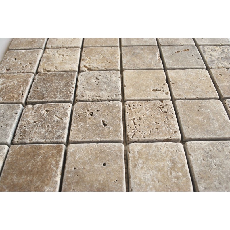 2x2 Walnut Tumbled Aged Travertine Mosaic Tile Wall and Floor