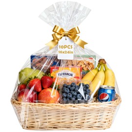 Arsmat Large Clear Cellophane Gift bags, 10 Pack 16"X24" Cellophane Wrap for Gift Baskets, 1.5 Mil Thick Clear Basket Bags
