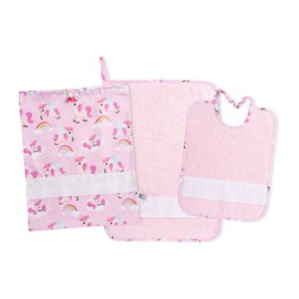 FILET - Set of three kindergarten embroidery with canvas Aida, consisting of bag, towel and bib made of coloured sponge, 100% cotton, made in Italy, fantasy unicorns pink background