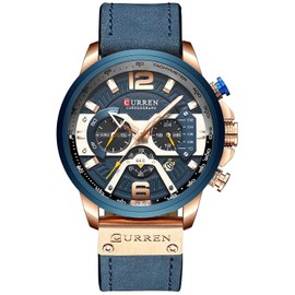 Men Sport Chronograph Quartz Watch Brown Leather Strap Date 30M Waterproof Military Male Wrist Watch (Blue Rose)
