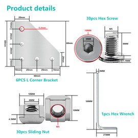 Bikykose 2020 T-Slot Aluminum Extrusion Profile Accessories - 20 L Corner Bracket-6pcs-Silver