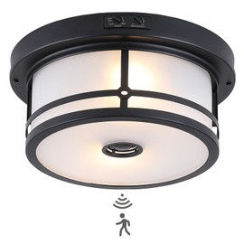 Vexagyle Outdoor Flush Mount Motion Sensor Ceiling Light,2-Light Industrial Porch Lights Ceiling Mount Black Finsh with Clear Frosted Glass for Front Porch, Garage, Patio, Entryway, Farmhouse