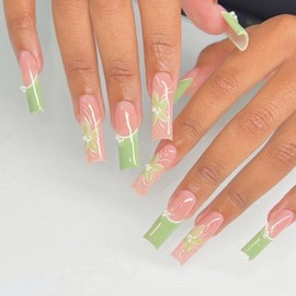 MERVF Long Square Press on Nails Green French Tip Fake Nails Press ons Flower Glue on Nails with 3D Pearls Design Squoval Spring Acrylic Glossy 24pcs False Nails
