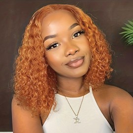 HIRIREMY Ginger Brown Deep Wave BOB Wig Human Hair Short Curly 13x4 HD Ginger Brown Lace Front BOB Wigs For Black Women Human Hair Pre Plucked Wear And Go Glueless 14 Inch