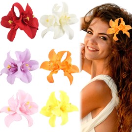 Flower Hair Clips Bohemian style Artificial Tropical Double-petaled orchid Hair Accessories for Woman Girl Beach Vacations travel (Red)