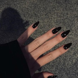 Black Press on Almond Shaped Nails - 48Pcs Neutral Thick Fake Nails for Women, Medium Length Reusable Acrylic Stiletto False Nails, Glue on Artificial Gel Nails