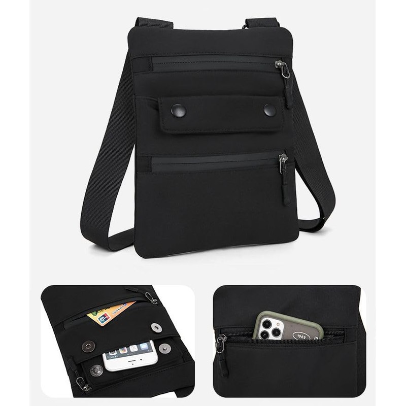 Beatus Men's Compact Shoulder Bag, Sacoche, Cross-Body Nylon, Thin, Black