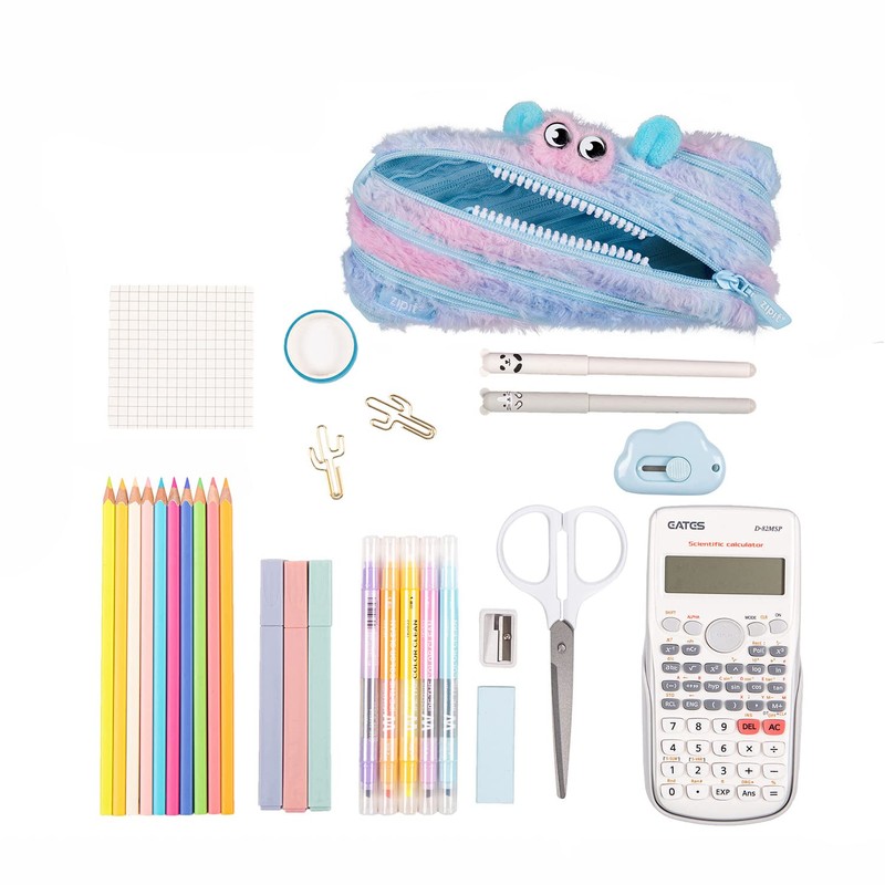 ZIPIT Furry Monster Pouch, One Long Zipper Pouch (Blue &