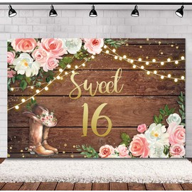 SVBright Sweet 16 Happy Birthday Backdrop 5Wx3H Cowgirl Western Rustic Wooden Plank Country Watercolor Pink Flower Floral Boots Farmhouse Decorations Photography Background Banner Photo Booth Studio