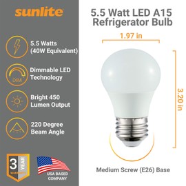 Sunlite LED A15 Refrigerator Light Bulb, 5.5 Watts (40W Equivalent), 450 Lumens, Medium Base (E26), Dimmable, Frosted Finish, UL Listed, 30K -Warm White, 1 Pack