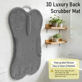 Shower Scrubber Wall Mounted for Back Body Men Women, XL Large Back Scrubber Mat Exfoliating Massage Bristles Brush - 3D Ergonomic Back Support Luxury Long Wide Cover Bath Anti-slip Suction Cup Grey