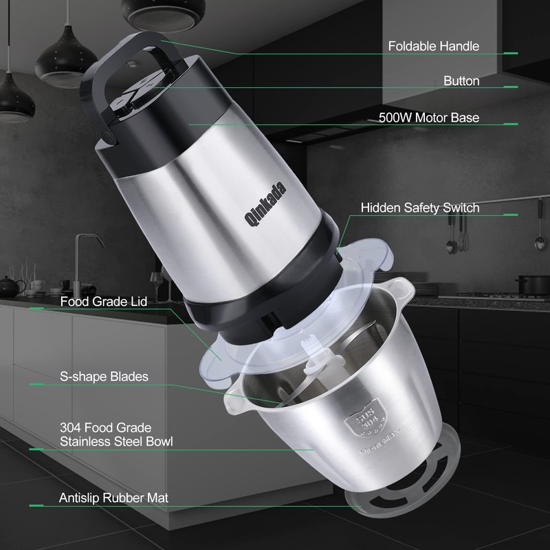 Food Processor, 500W Powerful Meat Grinder, 14Cup Stainless Steel Bowl,