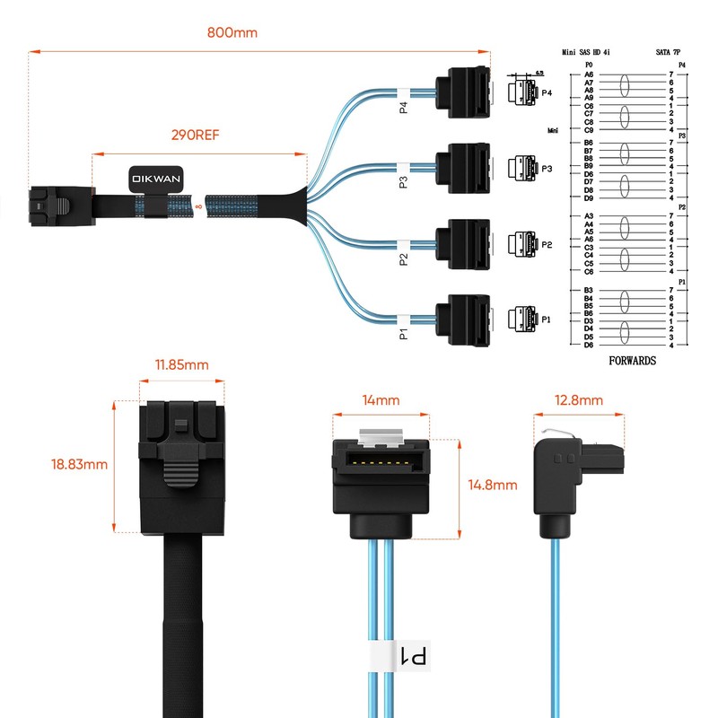 OIKWAN Internal Mini SAS HD to SATA Right Angle Cable