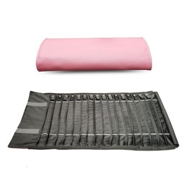 SCIKHEFT Portable Jewelry Roll Untangled Secure Necklace Travel Storage Bag Displays Holder 16 Chain (Pink PU and gray velvet)