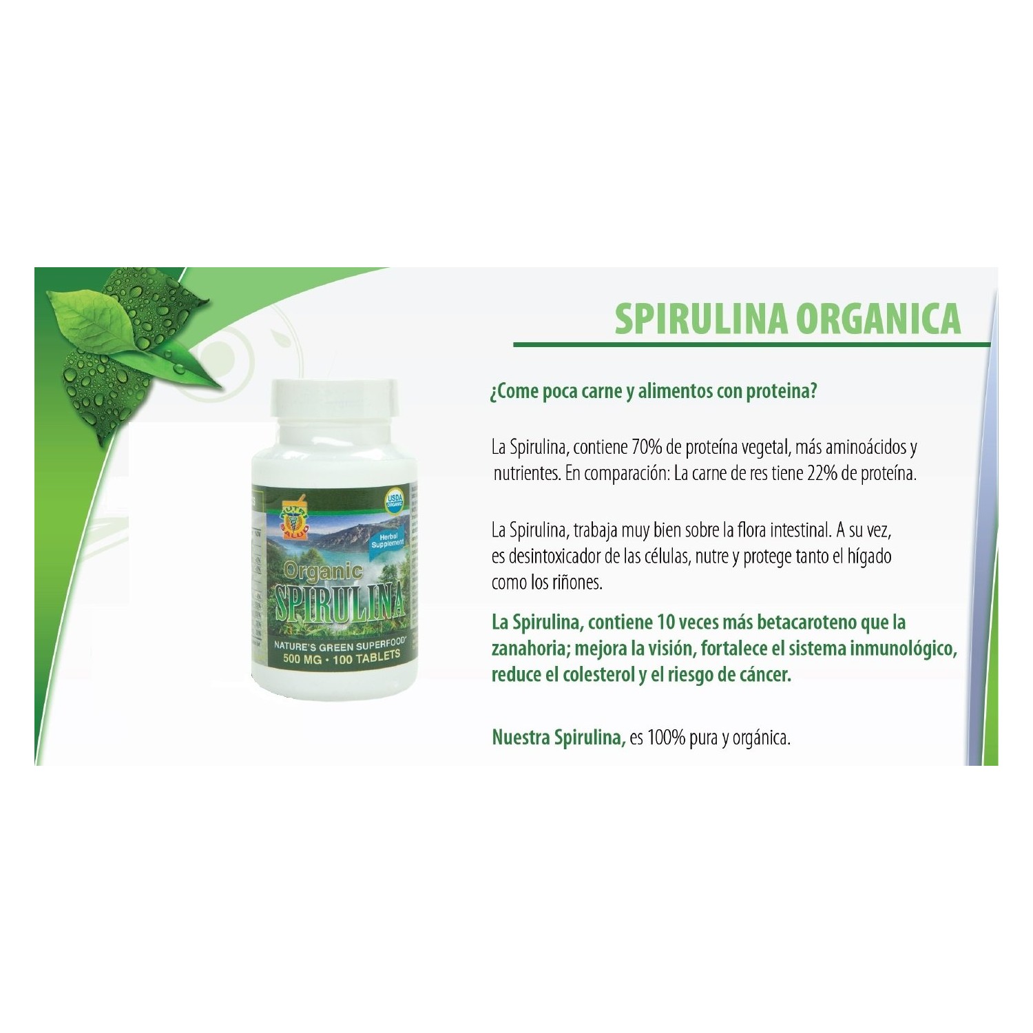 Spirulina Organica 100 Tabletas 500MG, Alga spirulina 100 Natural