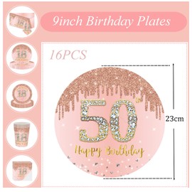 ATBEAMEN 16pcs Rose Gold 50th Birthday Paper Plates 9 inch Party Table Decor, Women 9'' Tableware, Happy Tableware Plate for Her, Women, Supplies