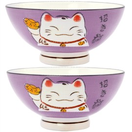 Fengshuibringluck 2PCS Cereal Bowls Soup Bowl Set 5.9'' Ramen Bowls Large Soup Bowls Salad Bowls for Kitchen Luck Cat Maneki Neko (Purple)