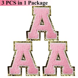 Zogify Iron on Letter Patches Gold Glitters & Pink Chenill,3 PCS Varsity Initial Patches,Adhesive Sticker Letter Patch for Team Costume Decoration 3.1in Height A