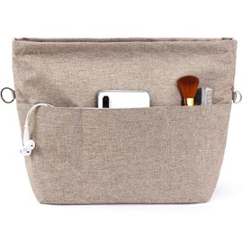 Yoillione Handbag Organiser Insert, Tote Bag Organiser Insert with Multiple Compartments and Zips, Sturdy Bag Insert Organiser with Key Chain for Women (Light Brown, S)