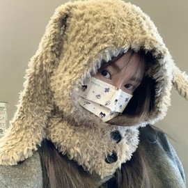 Cute Velvet Rabbit Ear Balaclava Hat for Women, Ear-Warming LF1446, One Size Furry Ear Balaclava - Gray 4ea